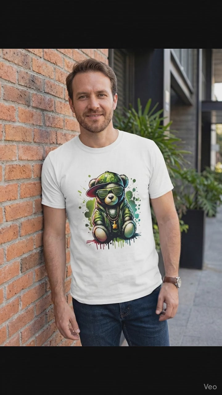 White T-shirt with Graphic Hip-Hop Bear Design