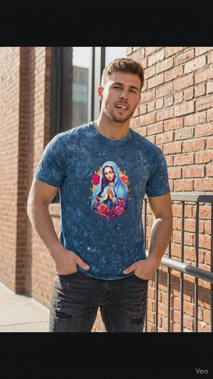 T-shirt Blue Mineral Washing - Graph Virgin Mary