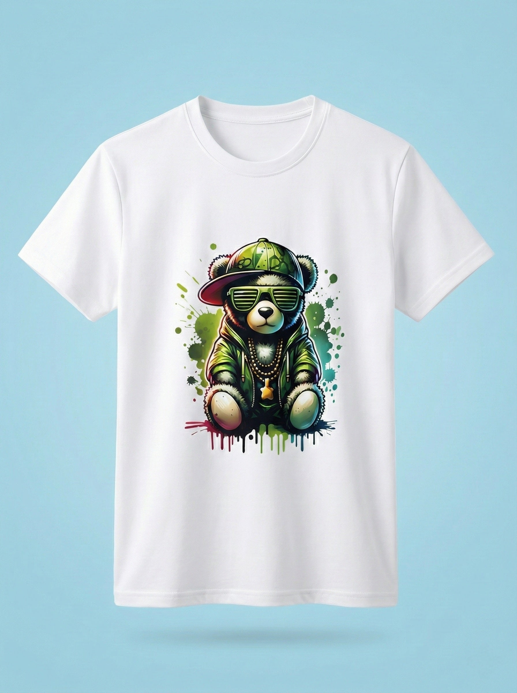 White T-shirt with Graphic Hip-Hop Bear Design