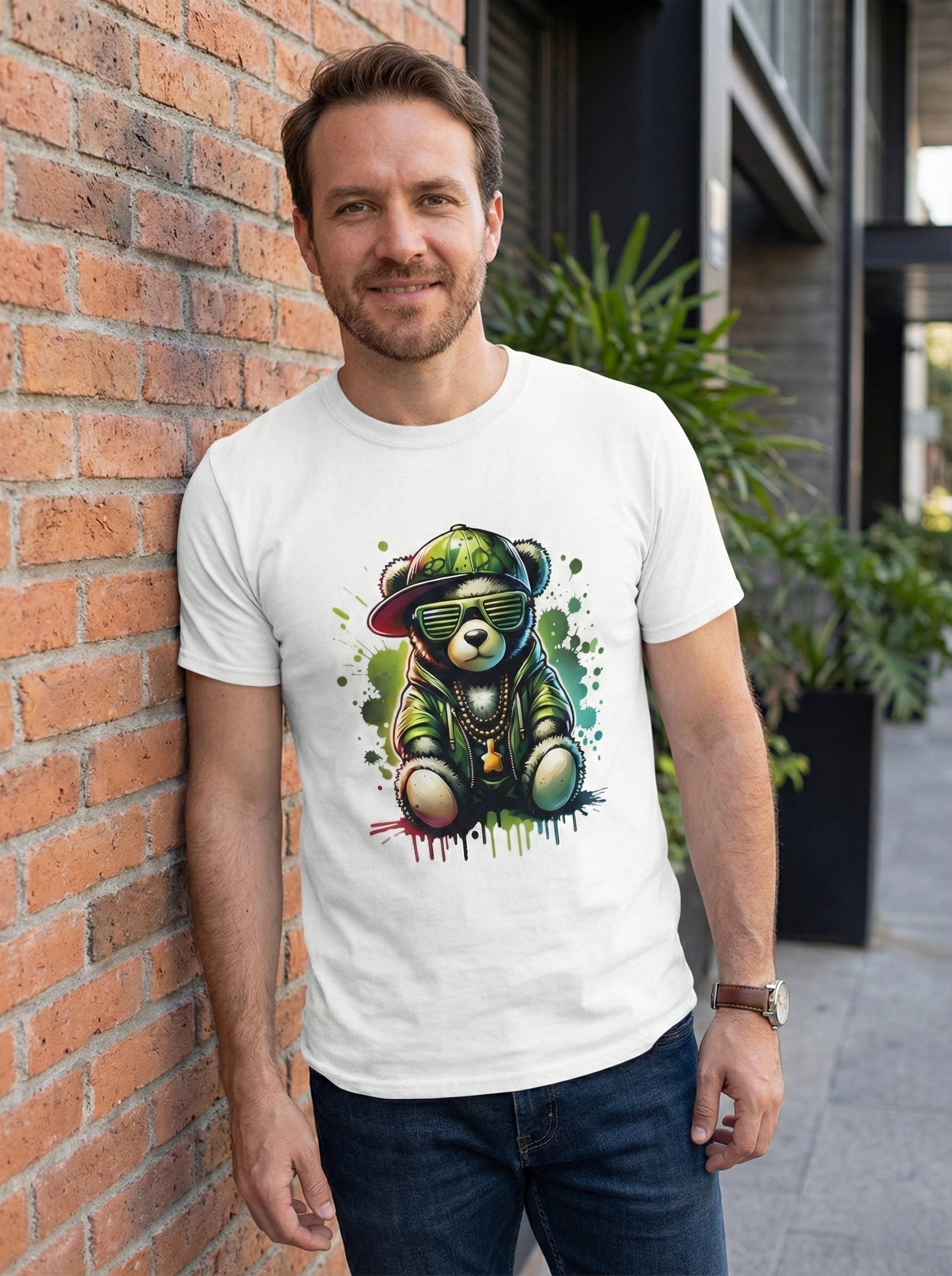White T-shirt with Graphic Hip-Hop Bear Design