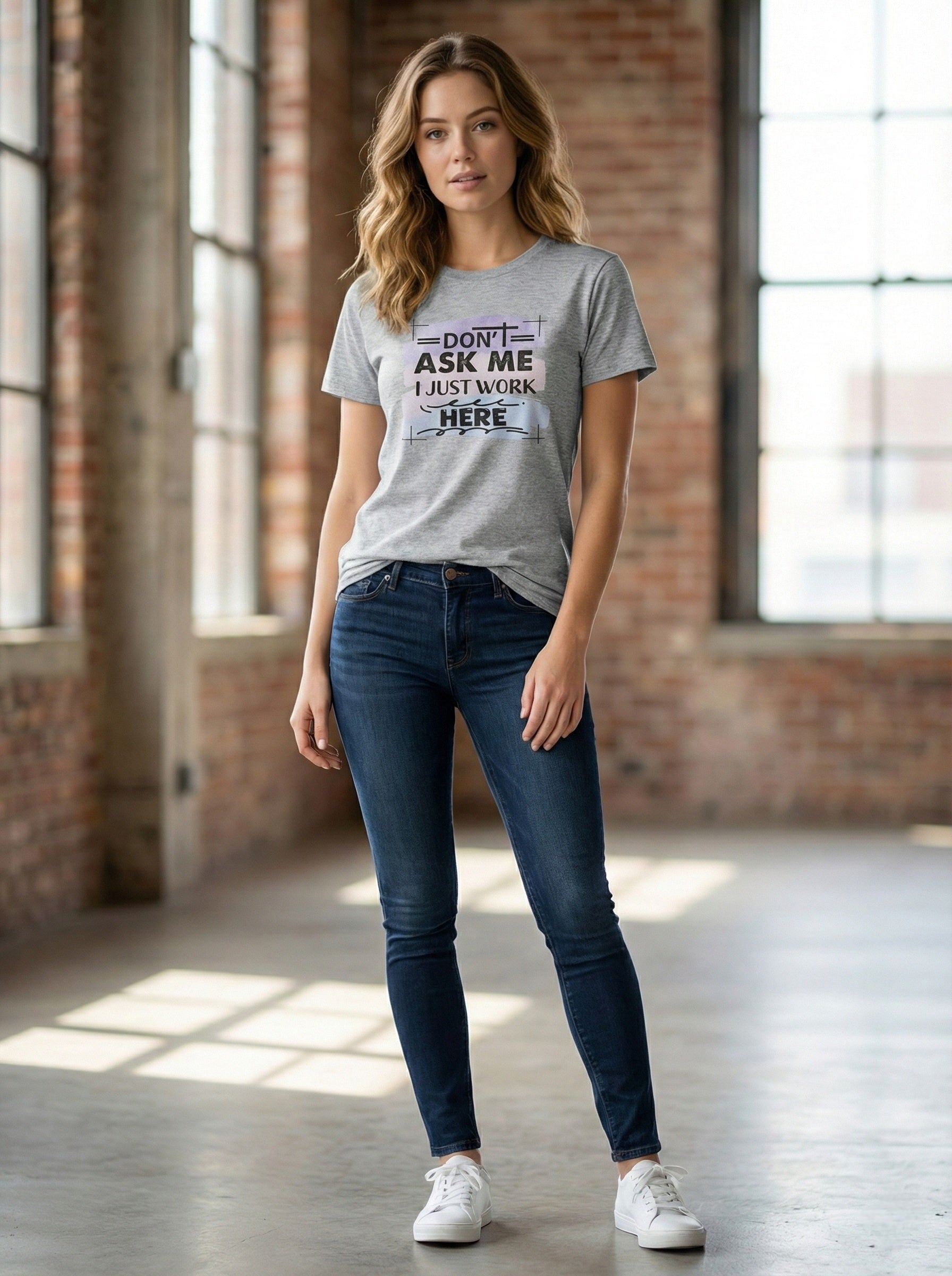 Unisex Gray T-Shirt with Graphic Print - "Don't Ask Me I Just Work Here"